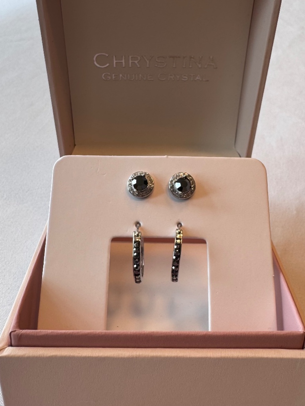 NWT Chrystina Genuine Crystal Earring Set Fine Silver Plated Hoop & Halo Studs